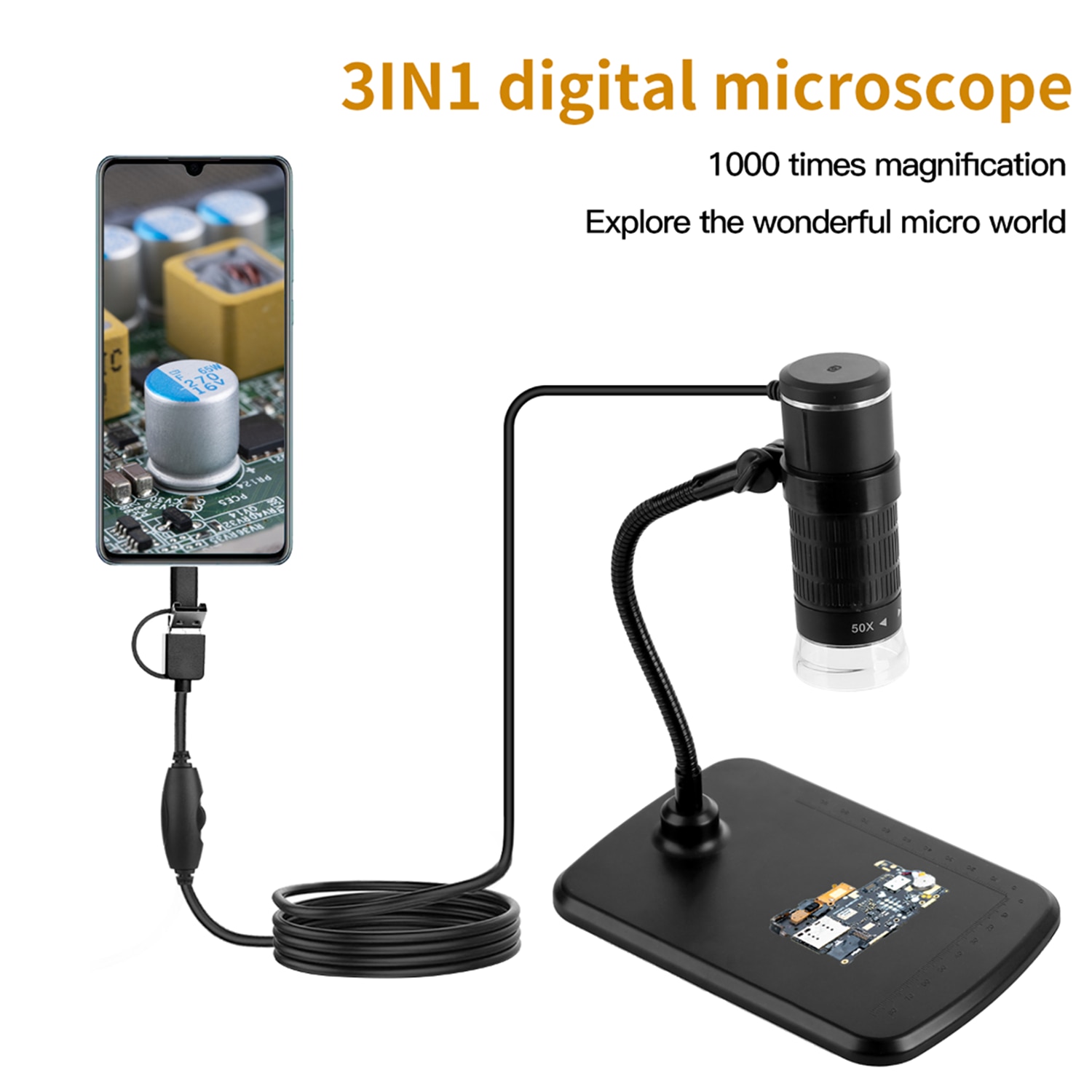 3-in-1 Digital Microscope 1000X Magnification HD 1080P Mobile Phone Microscope with Type-C+Android+Computer 3 in 1 Cable