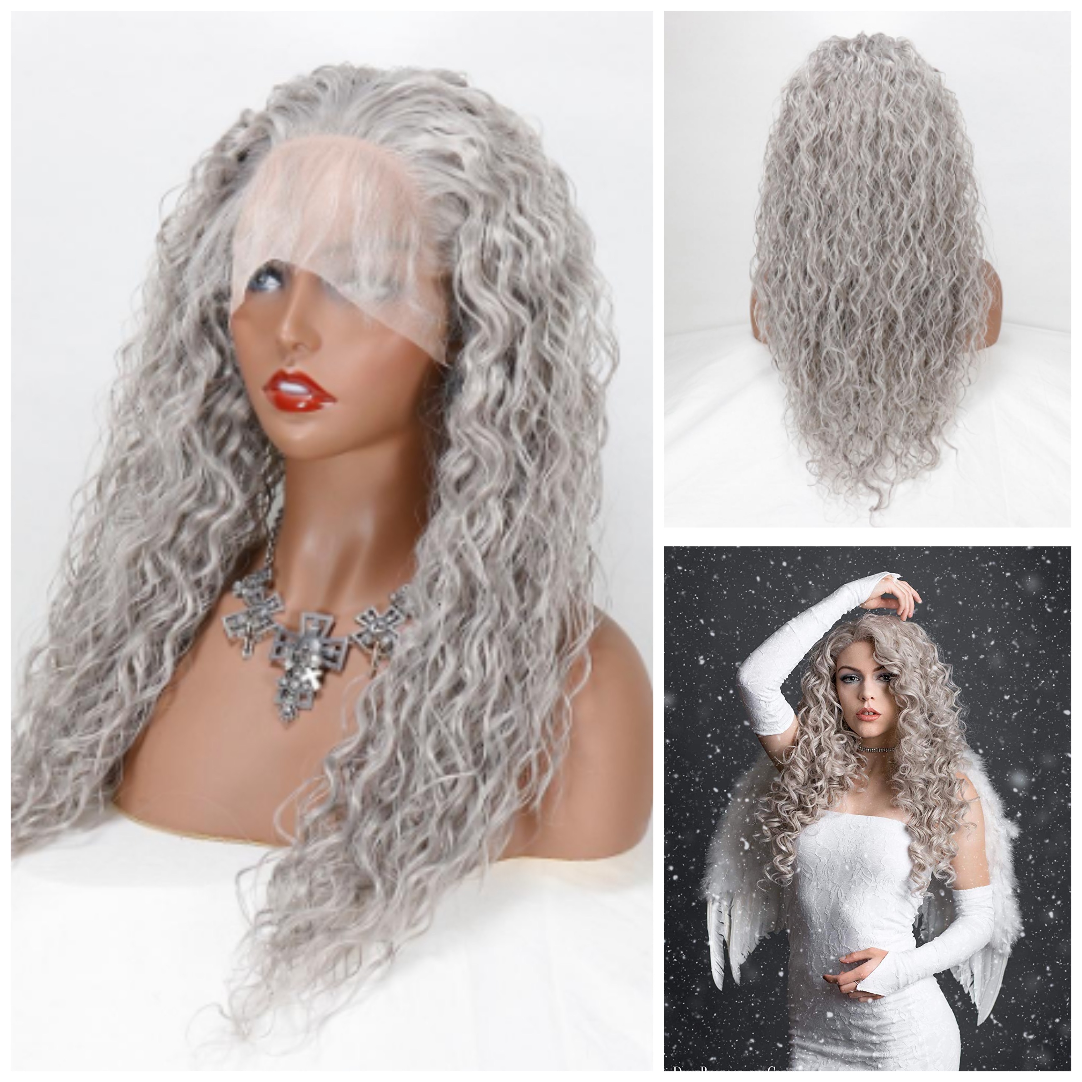 Loose Curly Gray Heat Resistant Fiber Silver Grey Synthetic Lace Front Wig For Women Replacement Wig With Baby Hair