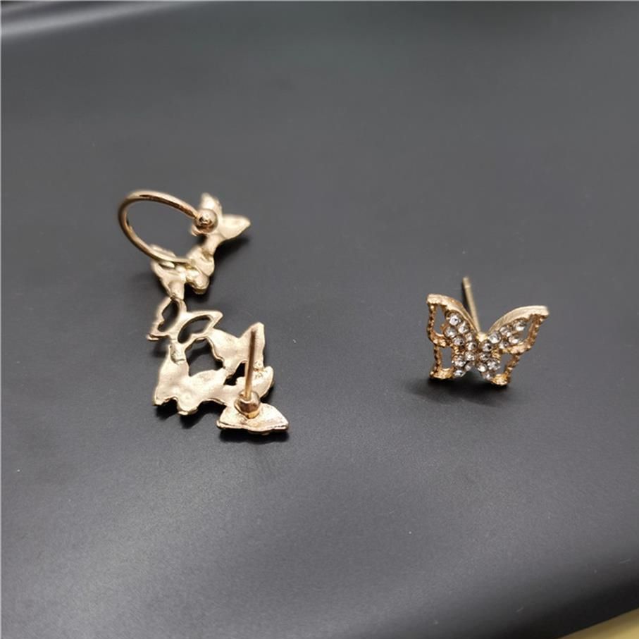 1 Paar Volledige Boor Asymmetrische Vlinder Oorbellen Hollow Golden Ferry Vlinder Crystal Ear Bone Clip Voor Vrouwen Sieraden