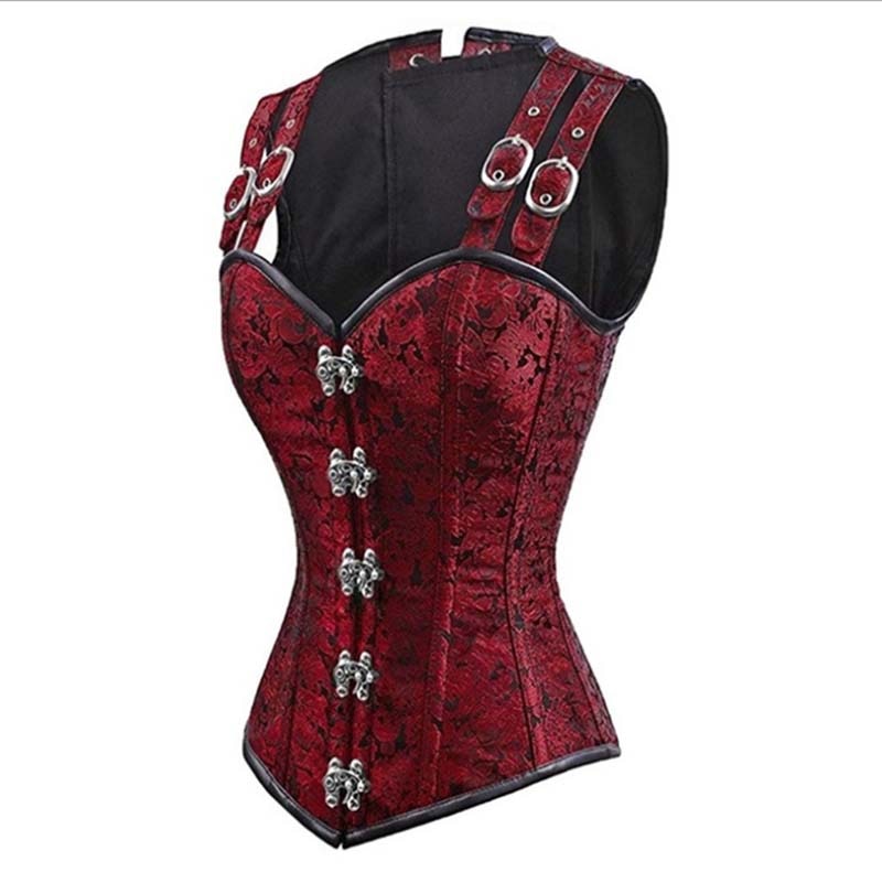 Gothic Steampunk Costume Waist Trainer Underbust Waist Cincher Claret Black Jacquard Top Bustier Corsets For Women Plus Size 2XL