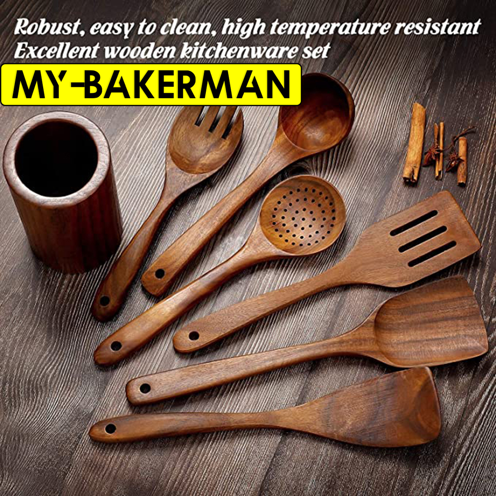 Mestoli In Legno Da Cucina Set Utensili Da Cucina In Legno 5 Pezzi - Cucchiaio, Spatola, Forchetta, Con Supporto, Per Pentole Antiaderenti Utensili Da Cucina Naturali