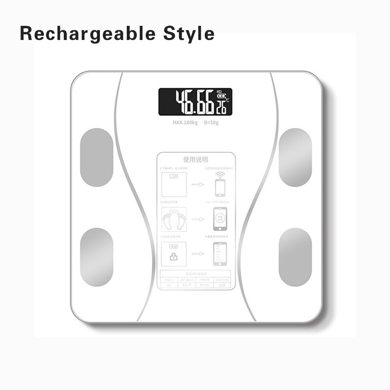 Smart Bluetooth Body Fat Scale Floor Bathroom Weight LED Digital Display Scale Body Composition Analyzer With Smartphone App: Rechargeable white