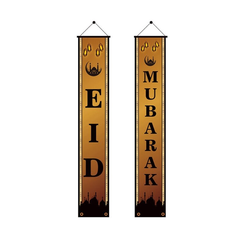 2Pcs Eid Mubarak Porch Banner Ramadan Kareem Front Door Flag Hanging Sign Decor H051: 02