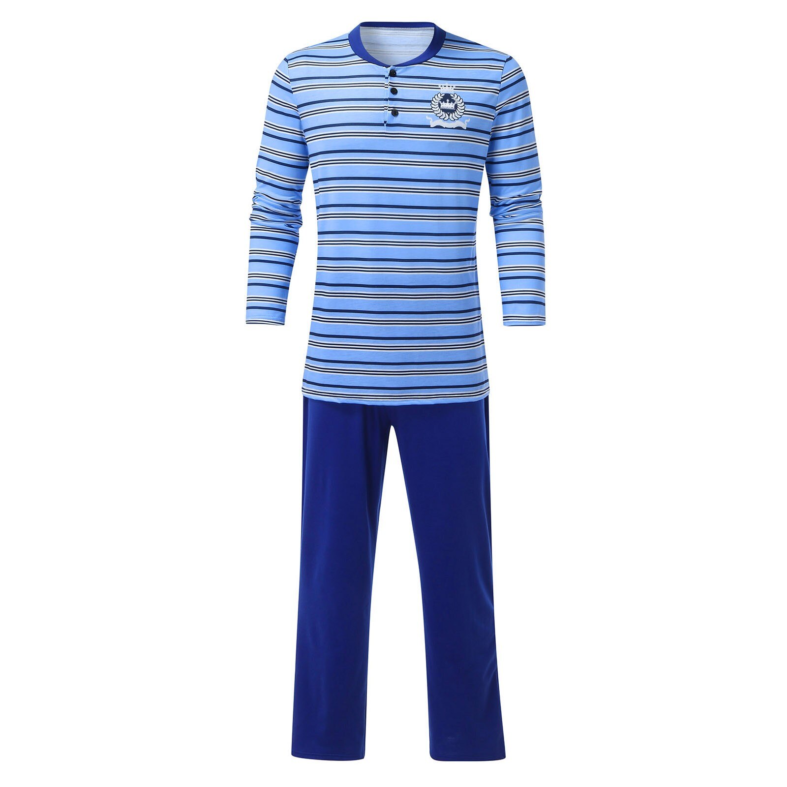 Man Blue Striped Pajamas Sets Long Sleeve Soft Pole Lining Tops Solid Color Pants Set Sleepwear пижама хлопок пижама со штанами: XL