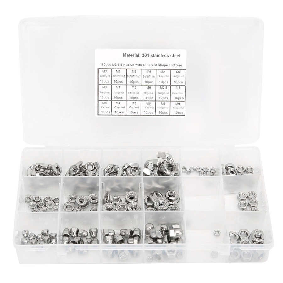 180Pcs Durable Stainless Steel Nuts Wing Flange Hex Nuts M2 M2 5 M3 M6