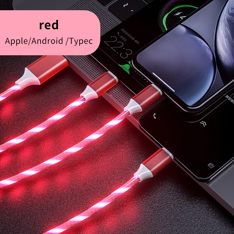 1.2m Car Charging Mobile Phone Cable USB IOS Type C Flow Luminous Lighting Data Wire for Samsung Huawei LED Micro Kable: Red