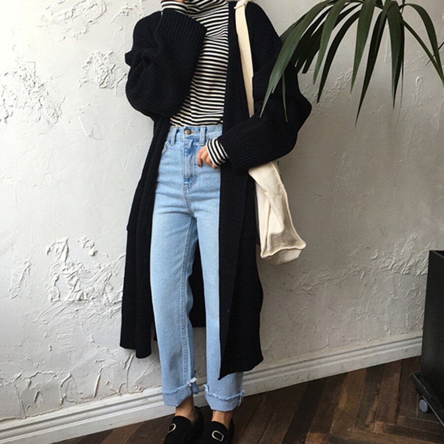Dicloud lang cardigan kvinner harajuku løs strikket genser kvinner casual svart oversized jakke kåpe høst