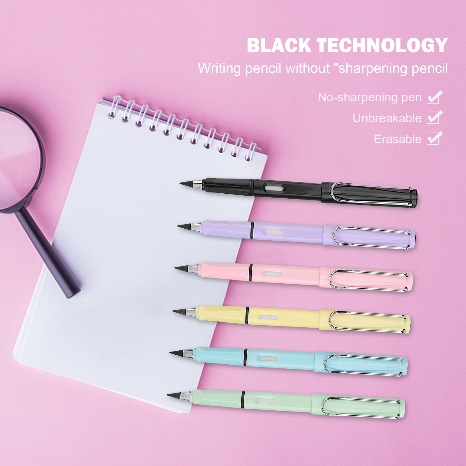 6PCS Inkless Pencil Removable Pen Nib Everlasting Pencil Signing Pen for Beginner Student Sketching Drawing