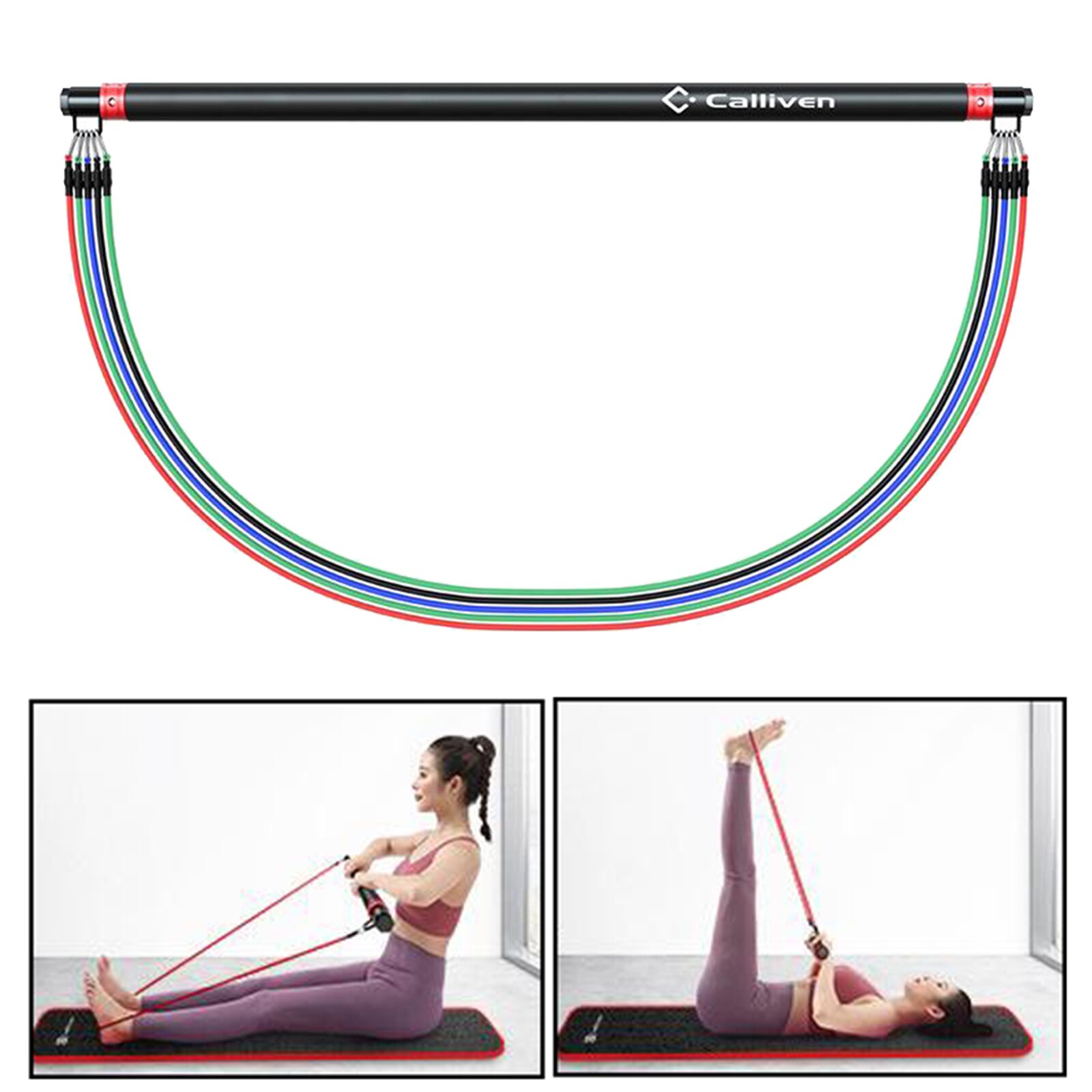 Pilates Bar Adjustable Resistance Bands W/ Foam Handle Door Anchor