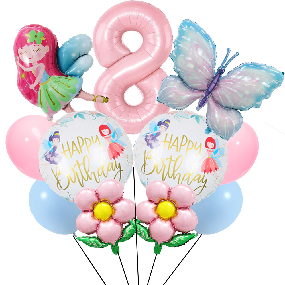 Juego de globos de hadas y flores, globos de mariposa, decoraciones de 1 a 9 cumpleaños para niñas, suministros de decoración para de cumpleaños con tema de mariposa