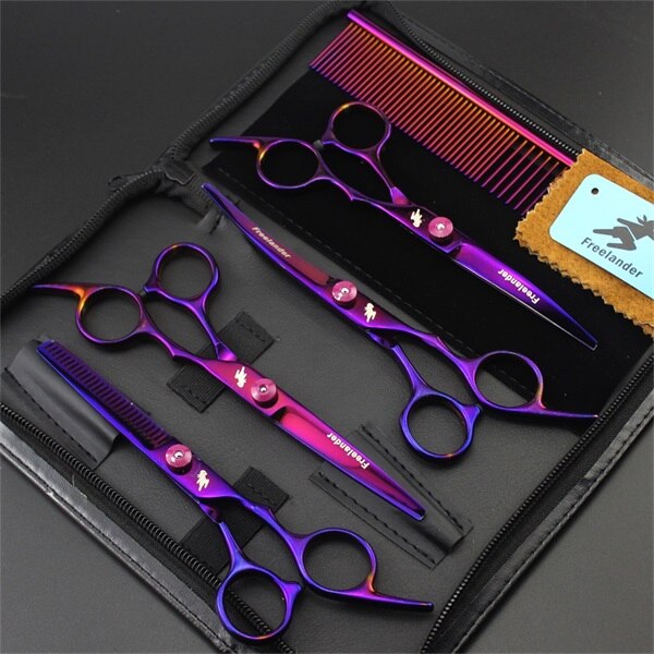 6.0 Inch Pet Scissors Dog Grooming kit Straight & Curved &Thinning Shear Pet Haircut Tools 5pcs Set: purple F-605