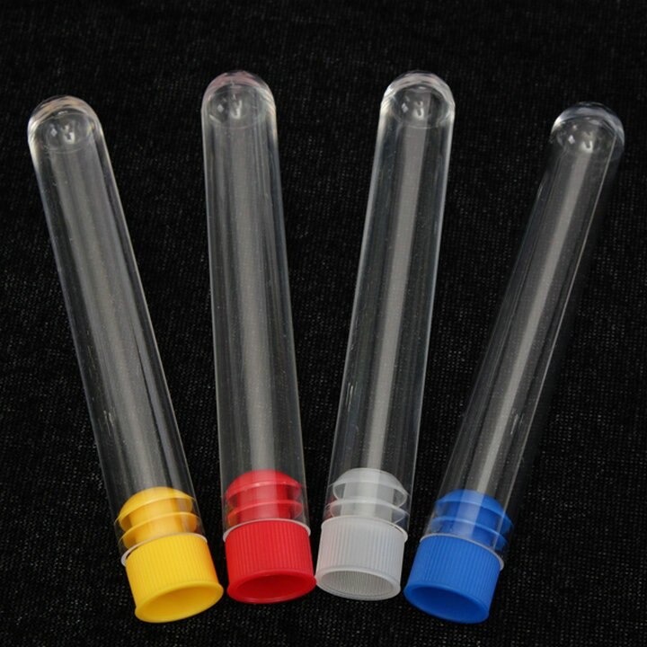100pcs 15x100mm Clear Plastic reageerbuizen met blauw/rood stopper push cap voor soort experimenten en tests