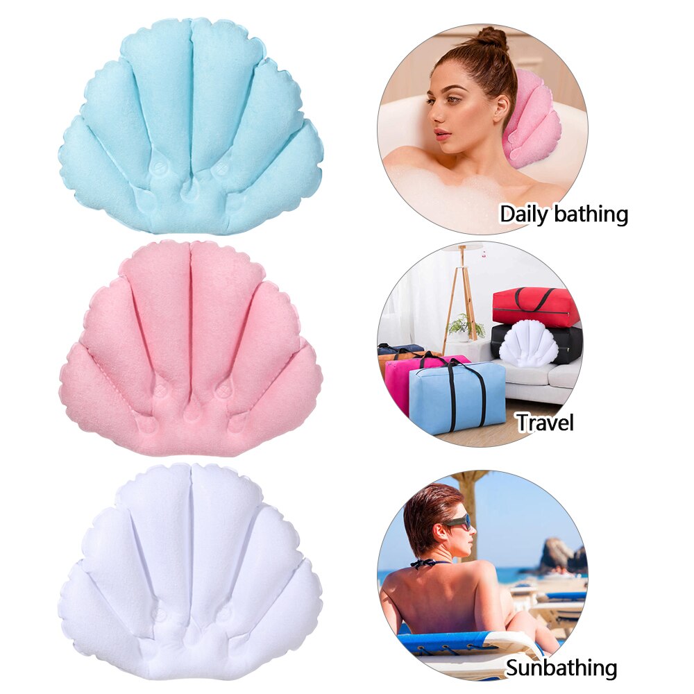 Almohada inflable de baño con ventosas, cojín suave de felpa en forma de abanico para bañera, Spa, soporte para cuello, 1 unidad