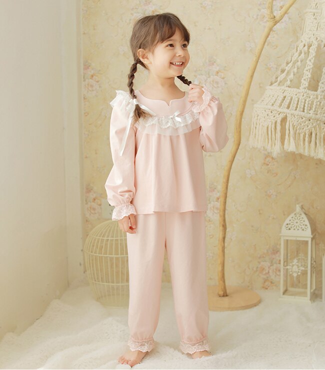 Børn piger lolita lyserøde pyjamas sæt. langærmede toppe + bukser. vintage småbørn børne blonder pyjamas sæt. royal stil sove loungewear: Xl højde 125-135cm