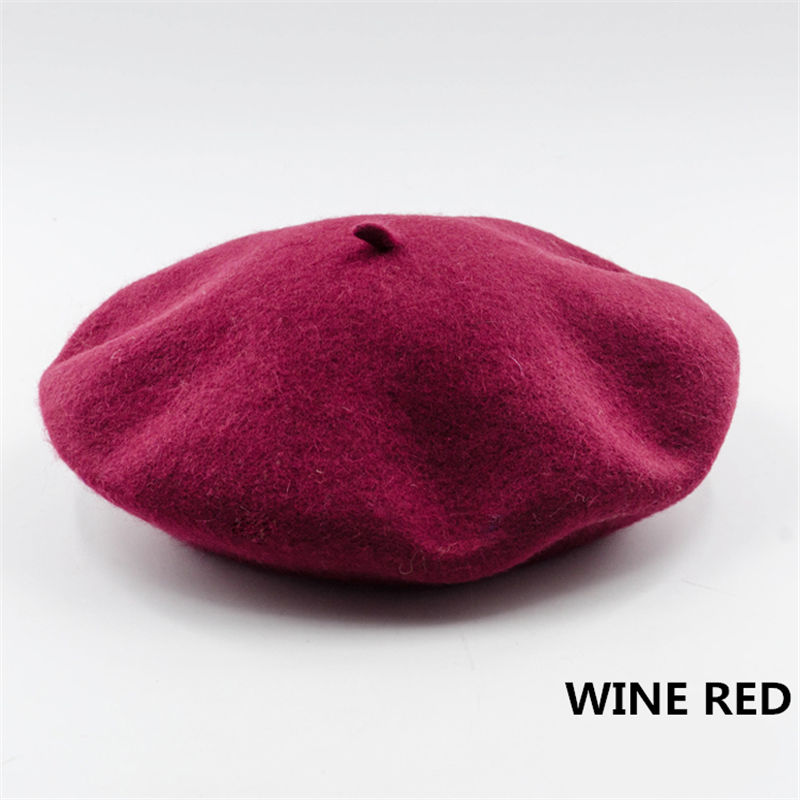 Jahrgang Frauen Mädchen Einfache Baskenmütze Französisch Warme Wolle Winter Mütze Hütte Kappe schlicht Baskenmütze Hüte Einfarbig Elegante Dame Winter kappen: Wein rot