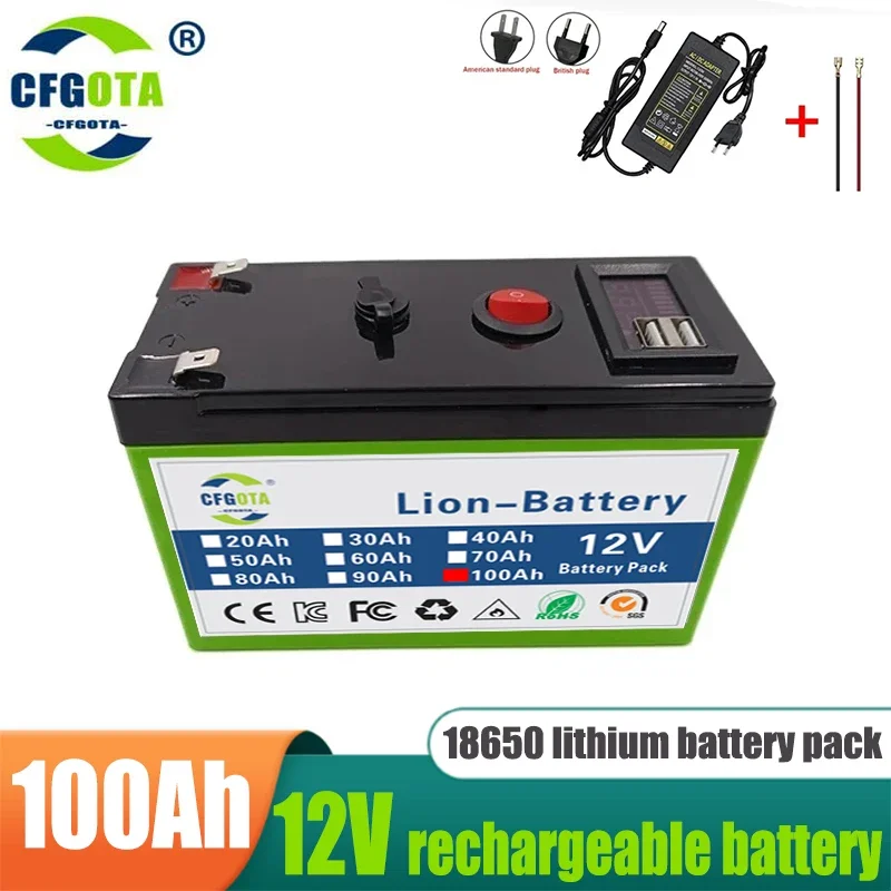 12 V Akku 100 Ah 18650 Lithium-Akku, wiederaufladbarer Akku für Solarenergie, Elektrofahrzeug-Akku + 12,6 V 3 A Ladegerät: Brown