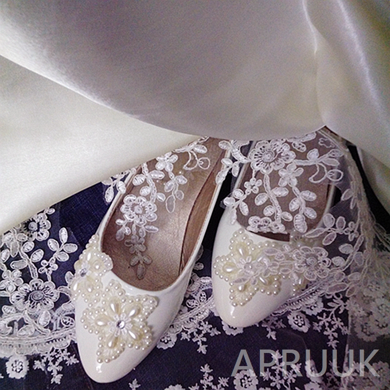 Ivoor Parels bruiloft schoenen bruid platte hak handgemaakte plus maten 41 42 43 dames bloem meisjes party dansen flats elastische bandjes