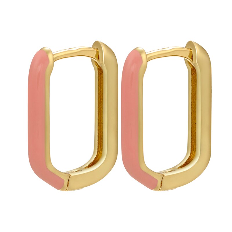 Zhukou Emaille Geometrische Rechthoek Hoepel Oorbellen Goud Kleur Kleine Hoepel Oorbellen Voor Vrouwen Mode-sieraden VE427: gold pink