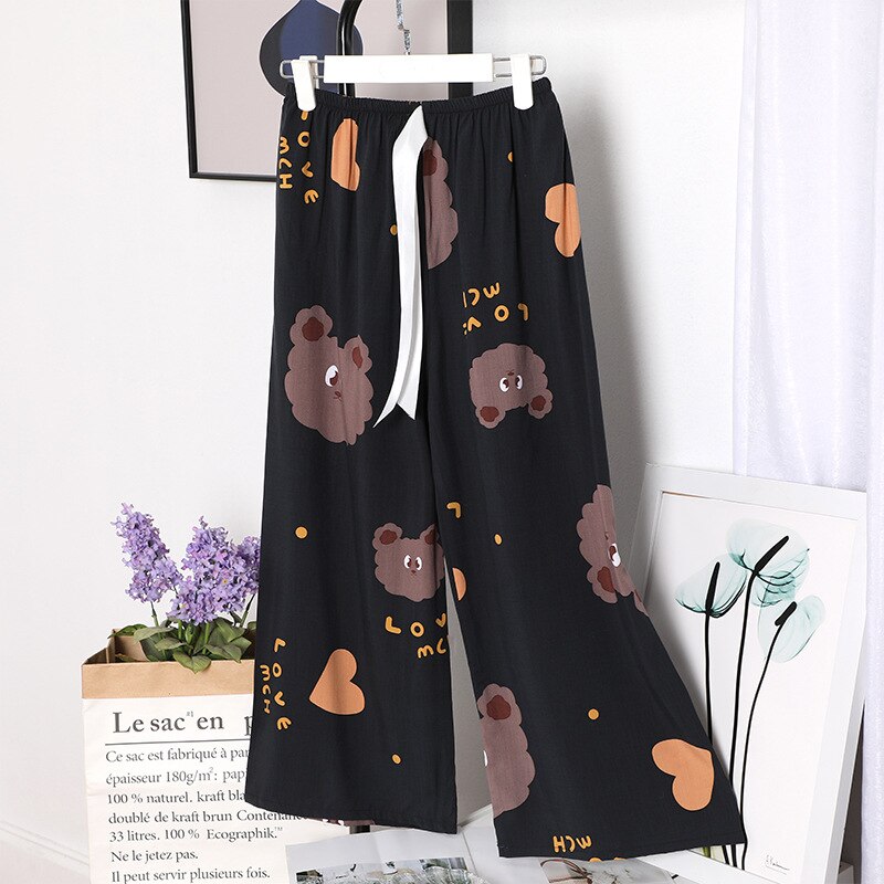 summer large size cotton home pants Korean girls' sweet loose wide leg pajamas: Khaki