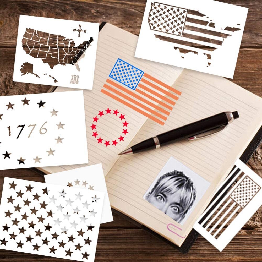 7PCS Plastic Stencil Template U.S 50 Star Maps Flags Star Stencils for Glass and Wall Art Graffiti Drawing Painting