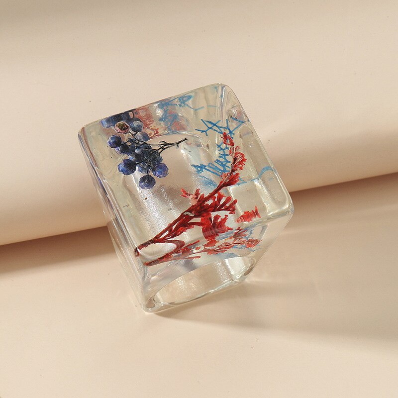 Anillo grande de resina para mujer, joyería de lujo con flores secas acrílicas transparentes, para mujeres: 3