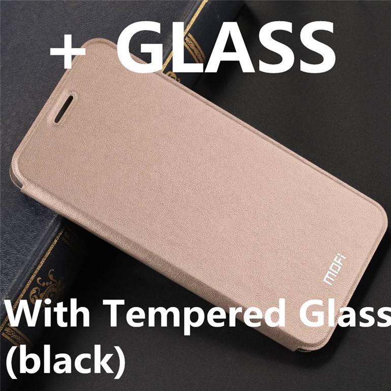 Funda de MOFI para Redmi Nota 7 caso para Redmi Nota 7 Pro Flip caso para Xiaomi Redmi Note 7 De cuero de la PU transparente protector de TPU Capas: Gold with Glass