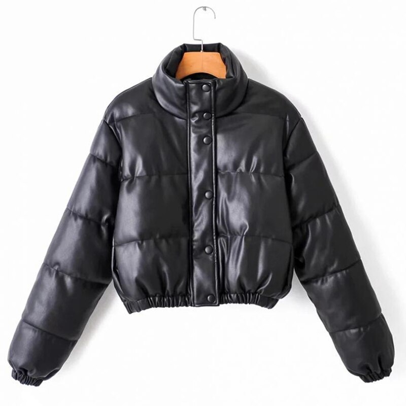 Femmes PU cuir veste bouffante épais manteaux fermeture éclair gilet vestes surdimensionné coton bulle vêtements femme Za: Black long sleeve / S