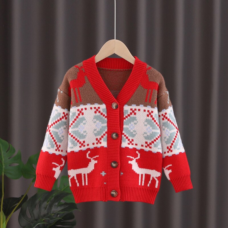 Ins Girls Sweaters Knit Children Christmas Sweaters Girls Winter Fleece Cardigans Girls&#39; Cardigans: Red / 4