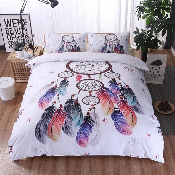 Strøelse sæt drømmefanger konge farverige fjer dynebetræk boheme mandala sengetøj hvid: Dobbelt 2 stk