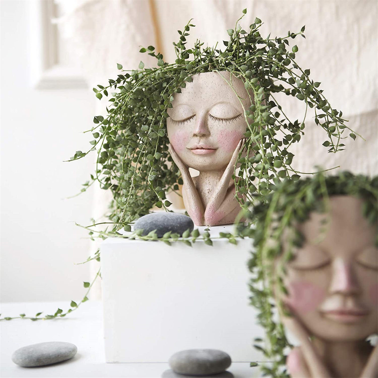 Piger ansigt hoved blomsterplanter sukkulent plante blomsterbeholder potte urtepotte figur havedekoration nordisk bordplade ornament