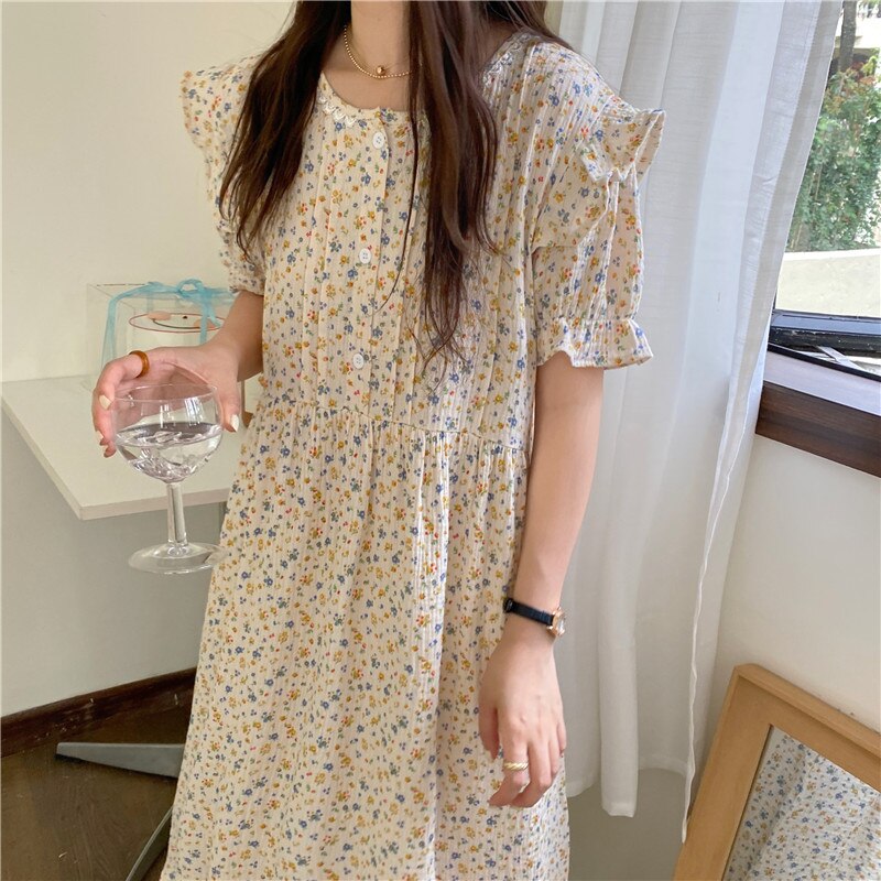Bloemenprint Lange Nachthemden Vrouwen Homewear Jurken Korte Mouw Zomer Nachtkleding Nachthemd Korea Thuis Kleding Sleepdress Y601
