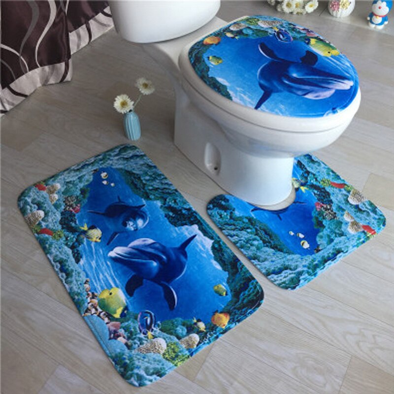 3Pcs/Set Bathroom Non-Slip Carpet Mat Rug Blue Ocean Parttern Water Absorption Rug Toilet Cover Bathroom Mat Doormats