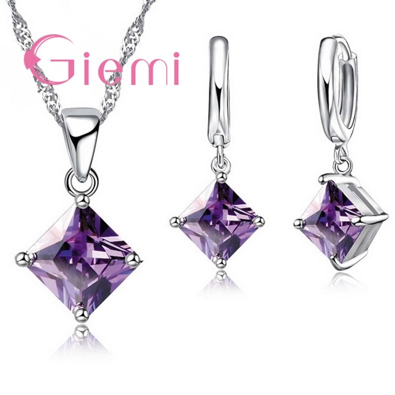 8 cores conjuntos de jóias feminino alta qualidade 925 prata esterlina cz cristal colar/brincos festa jóias atacado: Purple