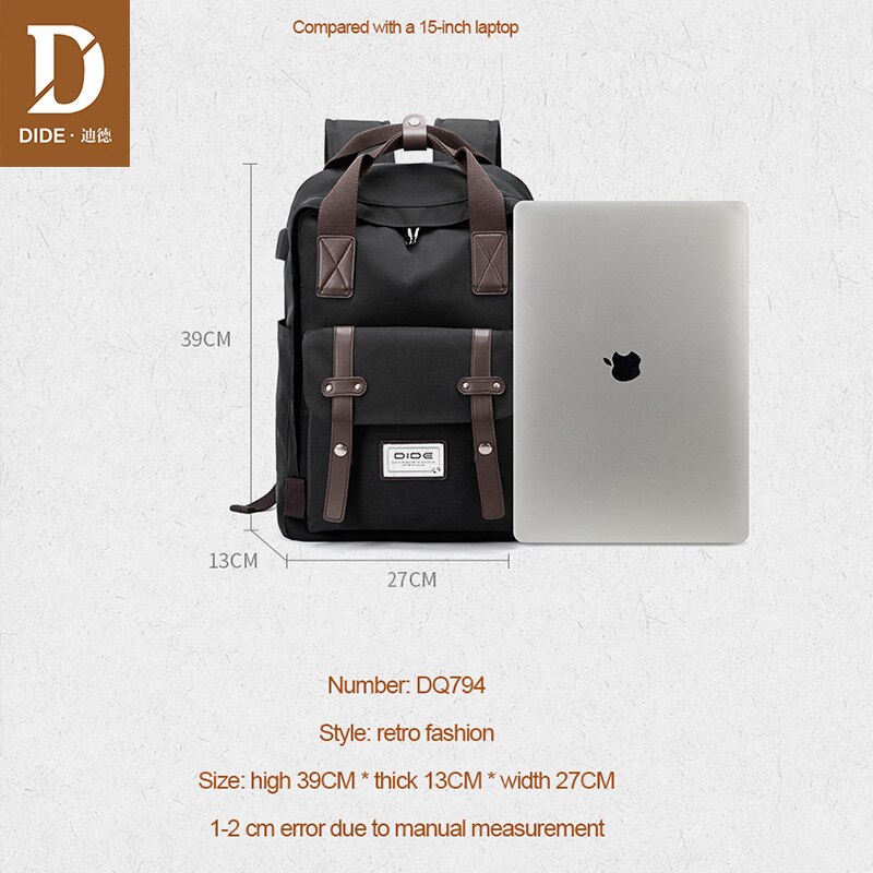 DIDE moda w stylu zwykły, czarny plecak męnarty z ładowaniem USB podróżny plecak PU skóra 14/15 calowy plecak na laptopa męnarty tornister
