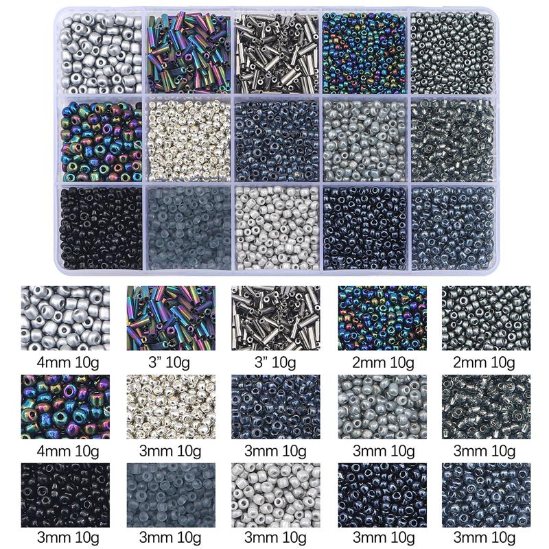 Juego de cuentas de vidrio de 15 colores para hacer pulseras, cuentas espaciadoras sueltas con caja de almacenamiento, Kit de tubos para manualidades, dijes de collares: Negro