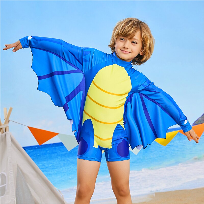 Jungen Bademode Kleinkinder Badeanzug Fledermaus Ärmel UV Sonne Schützen mit Hütte freundlicher Ein Stück Baby freundlicher Badeanzüge Kleidung Bademode: Blau / XL