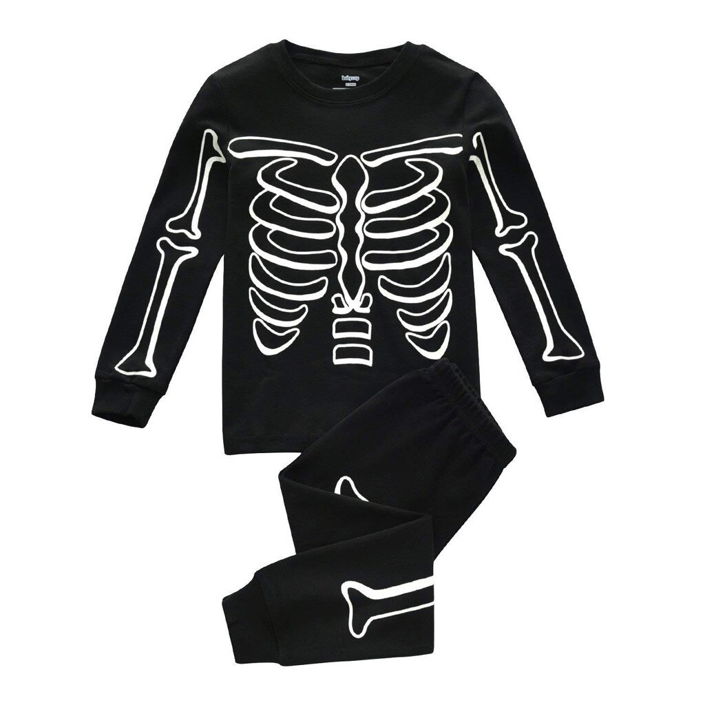 Halloween Roupas Criança Crianças Algodão Sleepwear Conjunto Pijama Meninos Brilham no Escuro Esqueleto Halloween детская одежда: 3T