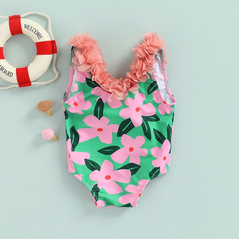 Lovely Toddler Kid Girls Flower Swimsuit Petals Decoration Floral Printed Monokini Swimwear Little Girl's Sweet Bathing Suit