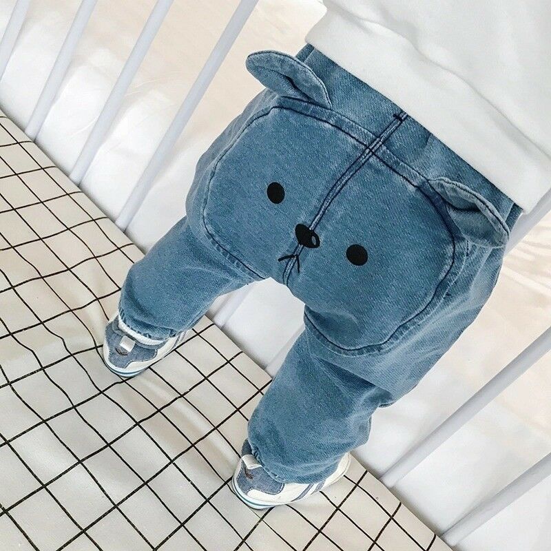 Baby Boy Girls Denim Harem Pants 0-3Y Toddler Kid Bear Sweatpant Joggers Elastic Bottoms Trousers Jeans