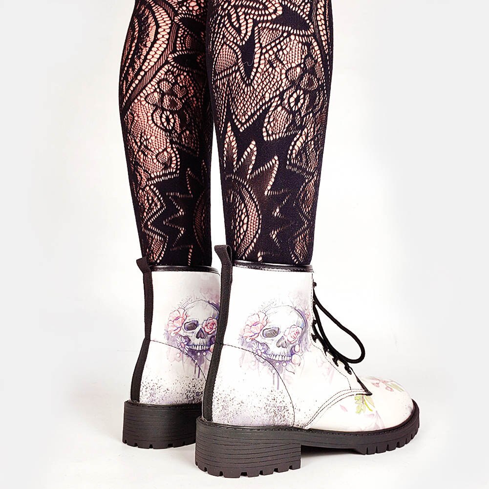 Vrouwelijke Gothic Schedel Koel Laarzen Lace Up Cool Punk Chunky Platform Laarzen Vrouwen Koele Casual Floral Schoenen Vrouw