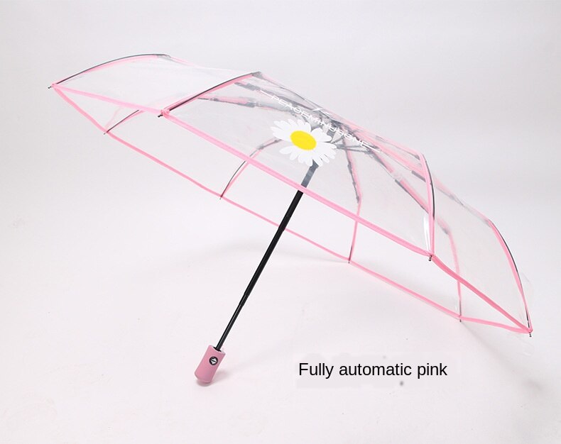 Koreansk lille daisy fuldautomatisk gennemsigtig kvinder regnparaply tre-foldet simpel trend vindtæt stærk paraply: 02