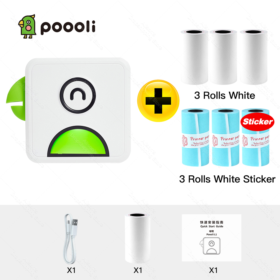 Photo Printer Pocket Thermal Label Printer Portable Bluetooth Wireless Receipt Label Sticker Printer Paper Poooli L1: Green Add 6 Rolls