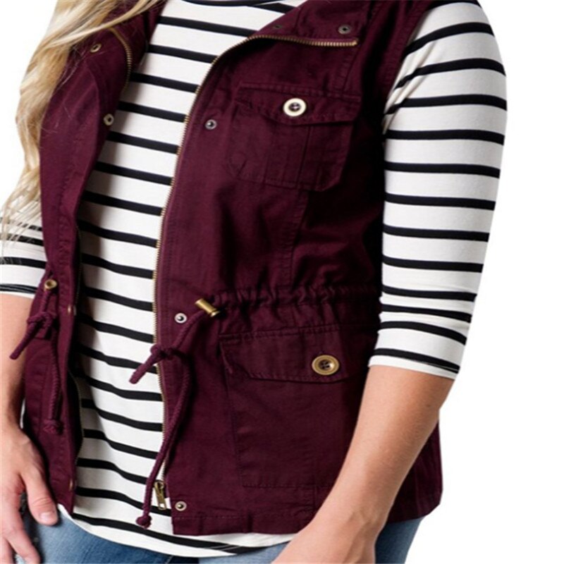 Womens Olive Cargo Utility Safari Vest with Pockets Drawstring Army Top Jacket Coat Autumn Clothes: Burgundy / S