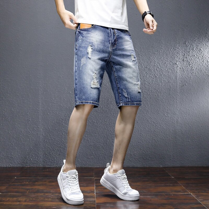 Pantalones cortos vaqueros clásicos para hombre, Vaqueros cortos rasgados, informales, ajustados, ropa de , de verano, 2022