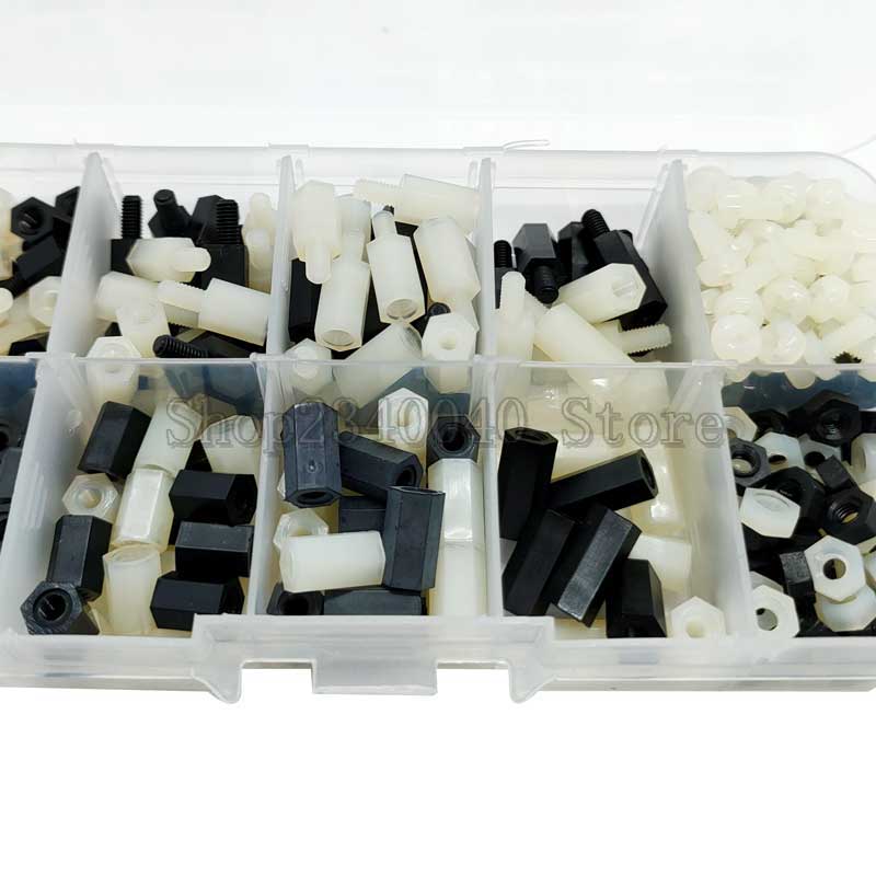 300pcs/set M3 Nylon Screw White/Black Female Male Hex Nylon Standoff Spacer Column Flat Head Nylon Plastic Spacing Screws Nuts
