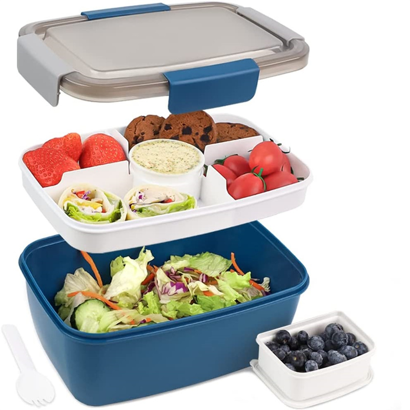 Large Microwave Safe Bento Box Big Salad Food Container 4 Compartment Tray BPA-Free Lunch Box Salad Bowl With Dressing Container: Blue