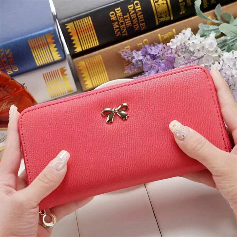 Cuero billeteras de PU de lujo para mujer, Cremallera larga, monedero, monedero, tarjetero, funda para teléfono: Rojo