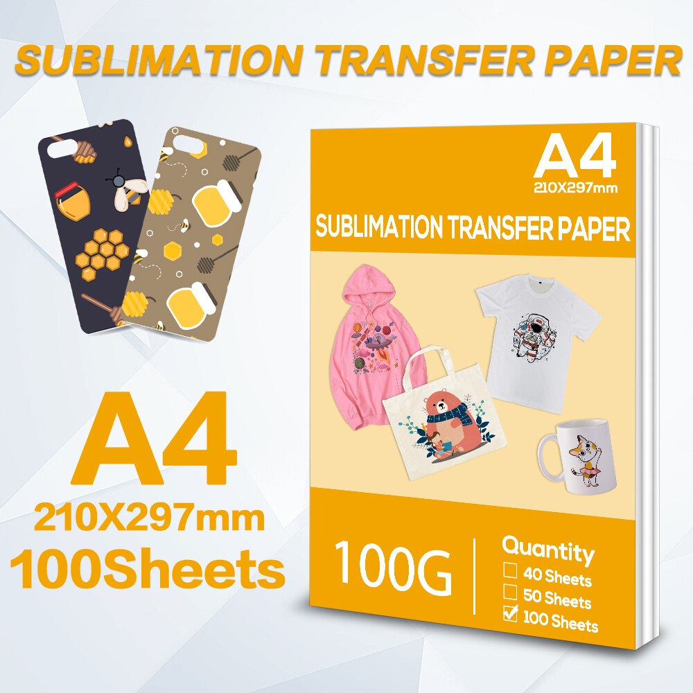 100 sheets A4 Inkjet Heat Transfer Sublimation Printing Paper DIY T-Shirt Hat Cup for Inkjet Printer Sublimation transfer paper: 100 Sheets Paper