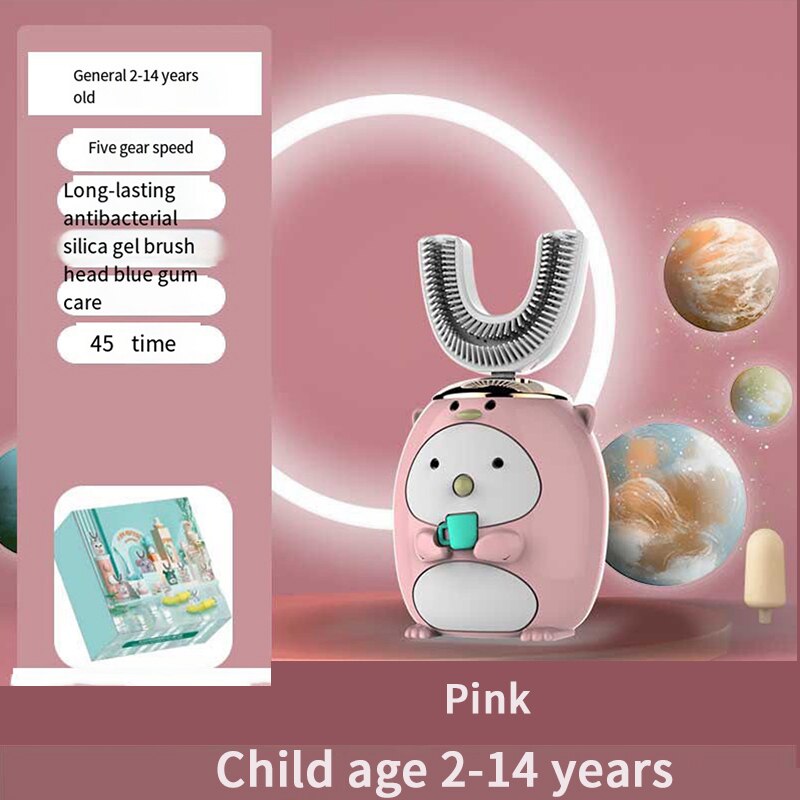 Children's Electric Toothbrush Smart 360 Degree U Silicon Toothbrush USB Automatic Ultrasonic Tooth Toothbrush Cartoon Pattern: Pink a