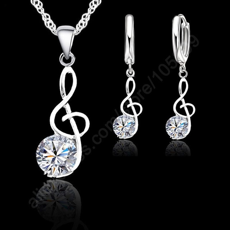 Cute Musical Notes Jewelry Set 925 Sterling Silver Cubic Zirconia Symbols Shape Pendant Necklaces Earrings Sets Wedding